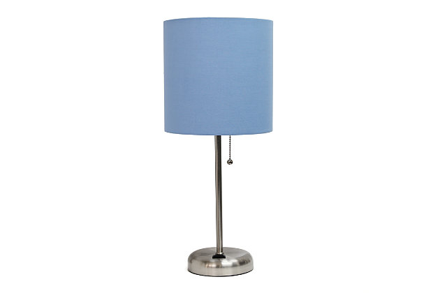 This fun and fashionable lamp features a brushed steel base and a blue fabric shade. It comes equipped with a 2 prong outlet seated in the base for use to charge mobile phones, handheld games, tablets, and other small electronics. This lamp will add a fabulous flair to any room. Perfect for bedrooms, kids and teens, college dorms, nurseries, or fun offices!Brushed steel base with charging outlet | Blue fabric shade | Perfect for bedrooms, kids room, college dorm, nursery, or fun office | Shade diameter: 8.27" x height: 19.29"