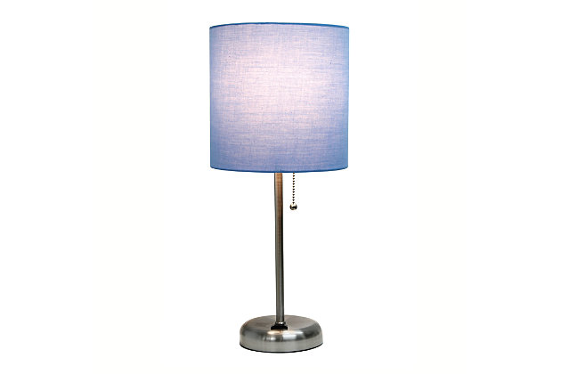 This fun and fashionable lamp features a brushed steel base and a blue fabric shade. It comes equipped with a 2 prong outlet seated in the base for use to charge mobile phones, handheld games, tablets, and other small electronics. This lamp will add a fabulous flair to any room. Perfect for bedrooms, kids and teens, college dorms, nurseries, or fun offices!Brushed steel base with charging outlet | Blue fabric shade | Perfect for bedrooms, kids room, college dorm, nursery, or fun office | Shade diameter: 8.27" x height: 19.29"