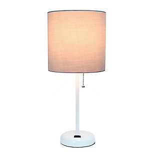 This fun and fashionable lamp features a white base and a fabric shade. It comes equipped with a 2 prong outlet seated in the base for use to charge mobile phones, handheld games, tablets, and other small electronics. This lamp will add a fabulous flair to any room. Perfect for bedrooms, kids and teens, college dorms, nurseries, or fun offices!White base with charging outlet | Fabric shade | Perfect for bedrooms, kids room, college dorm, nursery, or fun office | Shade diameter: 8.5" x height: 19.5"