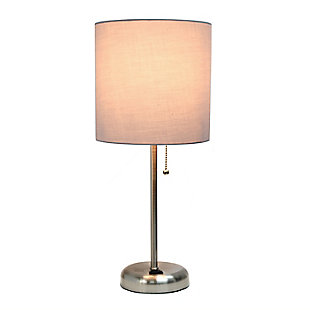 This fun and fashionable lamp features a brushed steel base and a grey fabric shade. It comes equipped with a 2 prong outlet seated in the base for use to charge mobile phones, handheld games, tablets, and other small electronics. This lamp will add a fabulous flair to any room. Perfect for bedrooms, kids and teens, college dorms, nurseries, or fun offices!Brushed steel base with charging outlet | Grey fabric shade | Perfect for bedrooms, kids room, college dorm, nursery, or fun office | Shade diameter: 8.27" x height: 19.29"