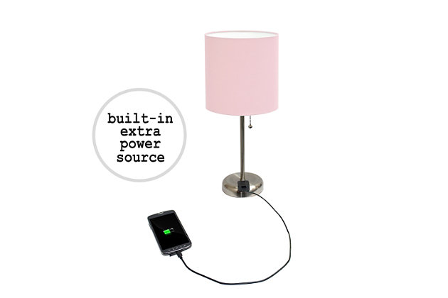 This fun and fashionable lamp features a brushed steel base and a fabric shade. It comes equipped with a 2 prong outlet seated in the base for use to charge mobile phones, handheld games, tablets, and other small electronics. This lamp will add a fabulous flair to any room. Perfect for bedrooms, kids and teens, college dorms, nurseries, or fun offices!Brushed steel base with charging outlet | Fabric shade | Perfect for bedrooms, kids room, college dorm, nursery, or fun office | Shade diameter: 8.5" x height: 19.5"