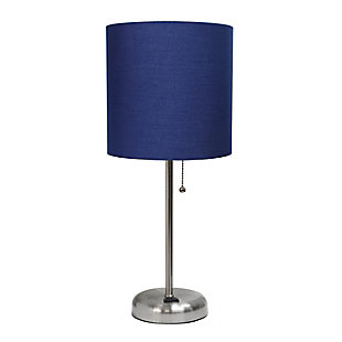 Home Accents LimeLights Brsh Steel Stick Lamp w Charging Outlet & NAV Shade, Navy, large