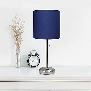 This fun and fashionable lamp features a brushed steel base and a fabric shade. It comes equipped with a 2 prong outlet seated in the base for use to charge mobile phones, handheld games, tablets, and other electronics. This lamp will add a fabulous flair to any room. Perfect for bedrooms, kids and teens, college dorms, nurseries, or fun offices!Brushed steel base with charging outlet | Fabric shade | Perfect for bedrooms, kids room, college dorm, nursery, or fun office | Shade diameter: 8.5" x height: 19.5"
