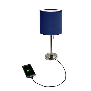 This fun and fashionable lamp features a brushed steel base and a fabric shade. It comes equipped with a 2 prong outlet seated in the base for use to charge mobile phones, handheld games, tablets, and other electronics. This lamp will add a fabulous flair to any room. Perfect for bedrooms, kids and teens, college dorms, nurseries, or fun offices!Brushed steel base with charging outlet | Fabric shade | Perfect for bedrooms, kids room, college dorm, nursery, or fun office | Shade diameter: 8.5" x height: 19.5"