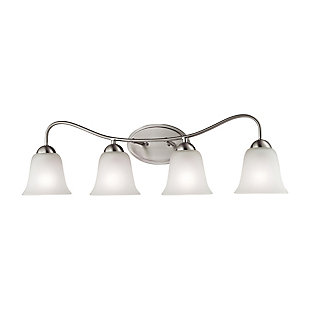 Delight in the simply elegant beauty of the Conway 2-light bath vanity fixture. Pair of bell-shaped white glass shades are a pleasing complement to this vanity light’s rounded metal back plate. Curvaceous bracket adds a chic twist. Whether your style is contemporary or classic, this bathroom vanity fixture is sure to look right at home.Made of metal in brushed nickel-tone finish | White glass shades | 2 E26 bulbs (not included); 100-watt max | Uplit or downlit positioning | Indoor use only | Hardwired; professional installation recommended | Clean with a soft, dry cloth