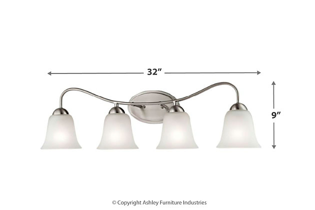 Delight in the simply elegant beauty of the Conway 2-light bath vanity fixture. Pair of bell-shaped white glass shades are a pleasing complement to this vanity light’s rounded metal back plate. Curvaceous bracket adds a chic twist. Whether your style is contemporary or classic, this bathroom vanity fixture is sure to look right at home.Made of metal in brushed nickel-tone finish | White glass shades | 2 E26 bulbs (not included); 100-watt max | Uplit or downlit positioning | Indoor use only | Hardwired; professional installation recommended | Clean with a soft, dry cloth
