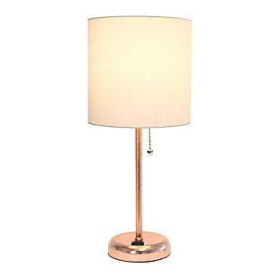 This fun and fashionable lamp features a rose gold base and a fabric shade. It comes equipped with a 2 prong outlet seated in the base for use to charge mobile phones, handheld games, tablets, and other small electronics. This lamp will add a fabulous flair to any room. Perfect for bedrooms, kids and teens, college dorms, nurseries, or fun offices!Rose gold base with charging outlet | Fabric shade | Perfect for bedrooms, kids room, college dorm, nursery, or fun office | Shade diameter: 8.5" x height: 19.5"
