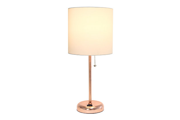 This fun and fashionable lamp features a rose gold base and a fabric shade. It comes equipped with a 2 prong outlet seated in the base for use to charge mobile phones, handheld games, tablets, and other small electronics. This lamp will add a fabulous flair to any room. Perfect for bedrooms, kids and teens, college dorms, nurseries, or fun offices!Rose gold base with charging outlet | Fabric shade | Perfect for bedrooms, kids room, college dorm, nursery, or fun office | Shade diameter: 8.5" x height: 19.5"