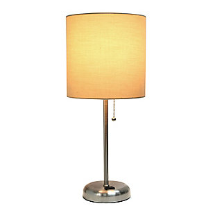This fun and fashionable lamp features a brushed steel base and a tan fabric shade. It comes equipped with a 2 prong outlet seated in the base for use to charge mobile phones, handheld games, tablets, and other small electronics. This lamp will add a fabulous flair to any room. Perfect for bedrooms, kids and teens, college dorms, nurseries, or fun offices!Brushed steel base with charging outlet | Tan fabric shade | Perfect for bedrooms, kids room, college dorm, nursery, or fun office | Shade diameter: 8.27" x height: 19.29"