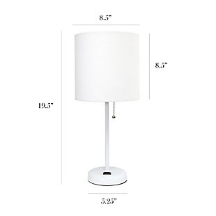 This fun and fashionable lamp features a white base and a fabric shade. It comes equipped with a 2 prong outlet seated in the base for use to charge mobile phones, handheld games, tablets, and other small electronics. This lamp will add a fabulous flair to any room. Perfect for bedrooms, kids and teens, college dorms, nurseries, or fun offices!White base with charging outlet | Fabric shade | Perfect for bedrooms, kids room, college dorm, nursery, or fun office | Shade diameter: 8.5" x height: 19.5"