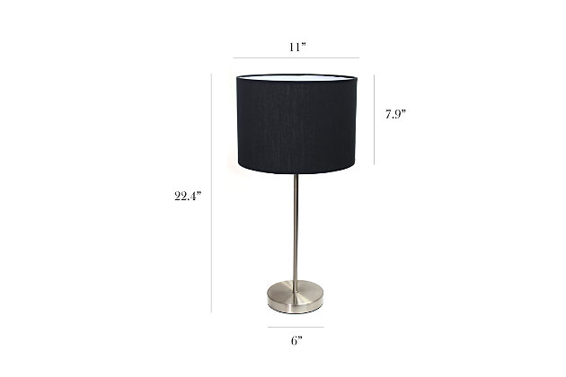This contemporary stick lamp features a brushed nickel base and a fabric drum shade.  This lamp will add a modern touch to any space.  Perfect for living room, bedroom, dorm, office, or anywhere you need to add fashion lighting.Brushed nickel base | Fabric shade | Convenient on/off cord switch | Shade diameter: 11" x height: 22.4"