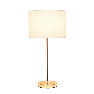 This contemporary stick lamp features a rose gold base and a fabric drum shade.  This lamp will add a modern touch to any space.  Perfect for living room, bedroom, dorm, office, or anywhere you need to add fashion lighting.Rose gold base | Fabric shade | Convenient on/off cord switch | Shade diameter: 11" x height: 22.4"