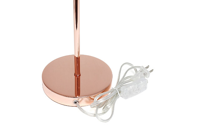 This contemporary stick lamp features a rose gold base and a fabric drum shade.  This lamp will add a modern touch to any space.  Perfect for living room, bedroom, dorm, office, or anywhere you need to add fashion lighting.Rose gold base | Fabric shade | Convenient on/off cord switch | Shade diameter: 11" x height: 22.4"
