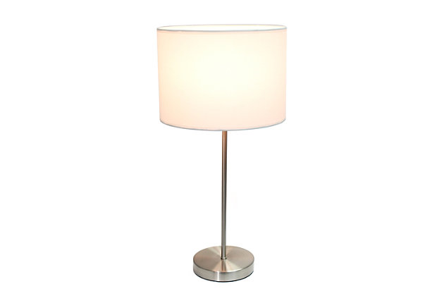 This contemporary stick lamp features a brushed nickel base and a fabric drum shade.  This lamp will add a modern touch to any space.  Perfect for living room, bedroom, dorm, office, or anywhere you need to add fashion lighting.Brushed nickel base | Fabric shade | Convenient on/off cord switch | Shade diameter: 11" x height: 22.4"