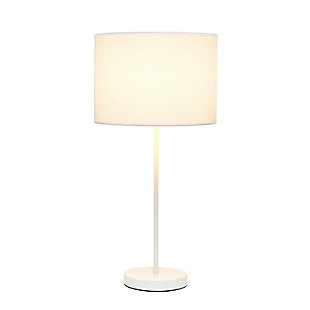 This contemporary stick lamp features a white base and a fabric drum shade.  This lamp will add a modern touch to any space.  Perfect for living room, bedroom, dorm, office, or anywhere you need to add fashion lighting.White base | Fabric shade | Convenient on/off cord switch | Shade diameter: 11" x height: 22.4"
