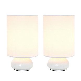 Add a contemporary feel to any room with these attractive white touch lamps. Touch controls with 4 settings (Low, Medium, High, Off). The fabric shades complete this modern look. Perfect lamp for bedroom night tables. We believe that lighting is like jewelry for your home. Our products will help to enhance your room with chic sophistication.2 x fabric shades | 2 x  mini white touch bases | 4 touch settings (high, medium, low, off) | Dimensions: height: 9" x shade diameter: 5"
