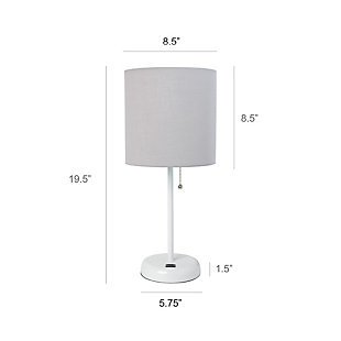 This fun and fashionable lamp features a white base and a fabric shade. It comes equipped with a USB seated in the base for use to charge mobile phones, handheld games, tablets, and other small electronics. This lamp will add a fabulous flair to any room. Perfect for bedrooms, kids and teens, college dorms, nurseries, or fun offices!White base with usb charging port on base | Fabric shade | Perfect for bedrooms, kids room, college dorm, nursery, or fun office | Shade diameter: 8.5" x height: 19.5"