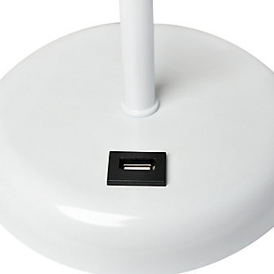 This fun and fashionable lamp features a white base and a fabric shade. It comes equipped with a USB seated in the base for use to charge mobile phones, handheld games, tablets, and other small electronics. This lamp will add a fabulous flair to any room. Perfect for bedrooms, kids and teens, college dorms, nurseries, or fun offices!White base with usb charging port on base | Fabric shade | Perfect for bedrooms, kids room, college dorm, nursery, or fun office | Shade diameter: 8.5" x height: 19.5"