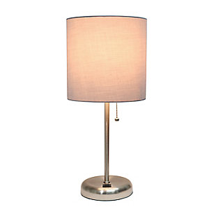 This fun and fashionable lamp features a brushed steel base and a fabric shade. It comes equipped with a USB seated in the base for use to charge mobile phones, handheld games, tablets, and other small electronics. This lamp will add a fabulous flair to any room. Perfect for bedrooms, kids and teens, college dorms, nurseries, or fun offices!Brushed steel base with usb charging port on base | Fabric shade | Perfect for bedrooms, kids room, college dorm, nursery, or fun office | Shade diameter: 8.5" x height: 19.5"