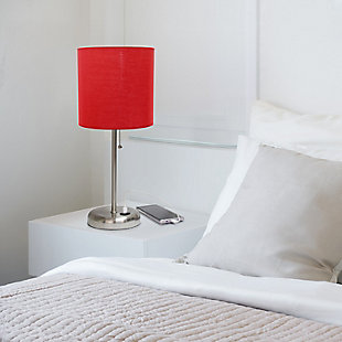 Home Accents LimeLights Br Steel Stick Lamp w USB Port & Fabric Shade, Red, Red, rollover