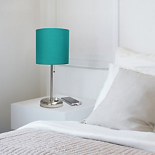 Home Accents LimeLights Br Steel Stick Lamp w USB Port & Fabric Shade, Teal, Teal, rollover