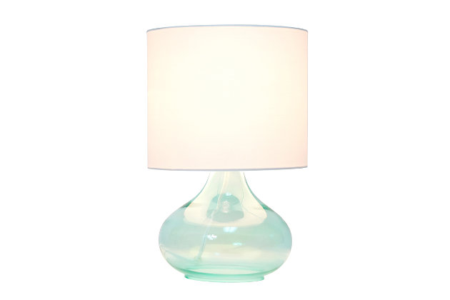 Illuminate your living space with this simple yet stylish glass table lamp.  The aqua glass raindrop shaped base and white fabric drum shade is the perfect blend  of charm to give your home a contemporary and modern upgrade.  Perfect for living rooms, bedrooms, kids and teens, college dorms, apartments, nurseries, or offices.Aqua glass base | White fabric drum shade | Easily accessible rotary switch located on the cord | Uses 1 x 40w medium type a base bulb (not included)