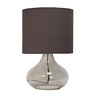 Illuminate your living space with this simple yet stylish glass table lamp.  The smoke gray glass raindrop shaped base and gray fabric drum shade is the perfect blend  of charm to give your home a contemporary and modern upgrade.  Perfect for living rooms, bedrooms, kids and teens, college dorms, apartments, nurseries, or offices.Smoke gray glass base | Gray fabric drum shade | Easily accessible rotary switch located on the cord | Uses 1 x 40w medium type a base bulb (not included)