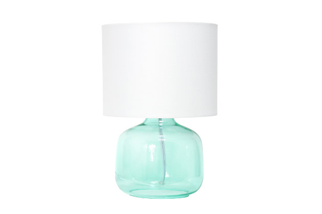 Illuminate your living space with this simple yet stylish glass table lamp.  The aqua glass jar shaped base and white fabric drum shade is the perfect blend  of charm to give your home a contemporary and modern upgrade.  Perfect for living rooms, bedrooms, kids and teens, college dorms, apartments, nurseries, or offices.Aqua glass base | White fabric drum shade | Easily accessible rotary switch located on the cord | Uses 1 x 40w medium type a base bulb (not included)