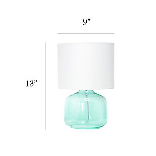 Illuminate your living space with this simple yet stylish glass table lamp. The aqua glass jar shaped base and white fabric drum shade is the perfect blend of charm to give your home a contemporary and modern upgrade. Perfect for living rooms, bedrooms, kids and teens, college dorms, apartments, nurseries, or offices.Aqua glass base | White fabric drum shade | Easily accessible rotary switch located on the cord | Uses 1 x 40w type a base bulb (not included)