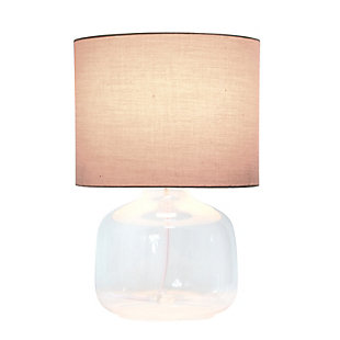 Illuminate your living space with this simple yet stylish glass table lamp.  The clear glass jar shaped base and gray fabric drum shade is the perfect blend  of charm to give your home a contemporary and modern upgrade.  Perfect for living rooms, bedrooms, kids and teens, college dorms, apartments, nurseries, or offices.Clear glass base | Gray fabric drum shade | Easily accessible rotary switch located on the cord | Uses 1 x 40w medium type a base bulb (not included)