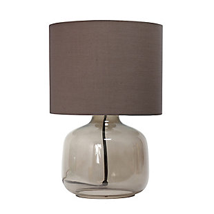 Illuminate your living space with this simple yet stylish glass table lamp.  The smoke gray glass jar shaped base and gray fabric drum shade is the perfect blend  of charm to give your home a contemporary and modern upgrade.  Perfect for living rooms, bedrooms, kids and teens, college dorms, apartments, nurseries, or offices.Smoke gray glass base | Gray fabric drum shade | Easily accessible rotary switch located on the cord | Uses 1 x 40w medium type a base bulb (not included)