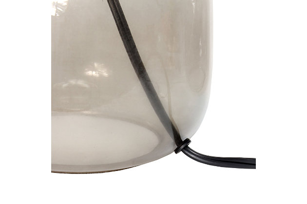 Illuminate your living space with this simple yet stylish glass table lamp.  The smoke gray glass jar shaped base and gray fabric drum shade is the perfect blend  of charm to give your home a contemporary and modern upgrade.  Perfect for living rooms, bedrooms, kids and teens, college dorms, apartments, nurseries, or offices.Smoke gray glass base | Gray fabric drum shade | Easily accessible rotary switch located on the cord | Uses 1 x 40w medium type a base bulb (not included)