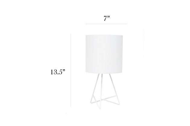 Bring function and fashion to any tabletop in your home with this modern table lamp.  The white metal base showcases an open silhouette complimented by a white fabric drum shade.  Perfect size for any room in your home !  Illuminate your living room, bedroom, kids and teen rooms, college dorm, apartment, nursery, or offices with this modern table lamp with contemporary flair!White metal base | White fabric drum shade | Easily accessible rotary switch located on the cord | Uses 1 x 40w medium type a base bulb (not included)