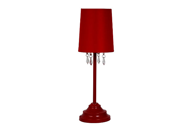 This fun and fashionable table lamp, with its painted metal base and fabric shade bejeweled with hanging acrylic beads, will add style and pizzazz to any room. Perfect for living rooms, bedrooms, kids room, college dorms, or offices. This lamp is an easy and quick way to add this popular trend to your existing décor.Painted metal base with hanging acrylic beads | Matching fabric shade | Perfect for living rooms, bedrooms, kids room, college dorms, or offices | Dimensions: height: 16.62" shade diameter: 5.8"
