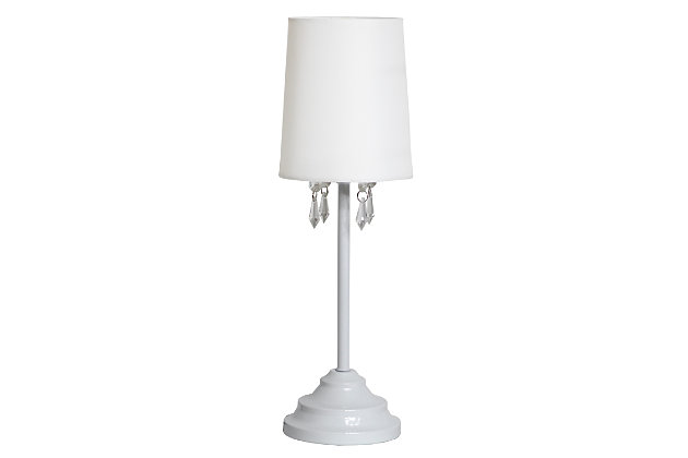 This fun and fashionable table lamp, with its painted metal base and fabric shade bejeweled with hanging acrylic beads, will add style and pizzazz to any room. Perfect for living rooms, bedrooms, kids room, college dorms, or offices. This lamp is an easy and quick way to add this popular trend to your existing décor.Painted metal base with hanging acrylic beads | Matching fabric shade | Perfect for living rooms, bedrooms, kids room, college dorms, or offices | Dimensions: height: 16.62" shade diameter: 5.8"