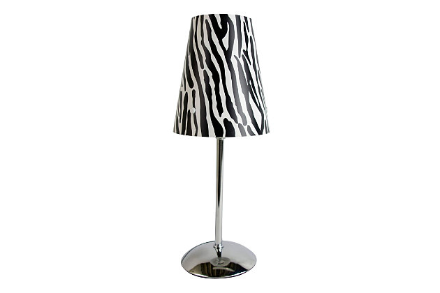 This enormously fun and fashionable mini table lamp features a shiny silver mini base and a plastic printed shade. This lamp will add a wildly fabulous flair to any room. Perfect for bedrooms, kids and teens room, college dorm, nursery, or fun office.Shiny silver mini base | Plastic zebra print shade | Perfect for bedrooms, kids room, teens, college dorm, nursery, or fun office | Height: 13.5" shade diameter: 5"