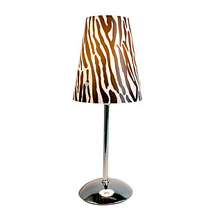This enormously fun and fashionable mini table lamp features a shiny silver mini base and a plastic printed shade. This lamp will add a wildly fabulous flair to any room. Perfect for bedrooms, kids and teens room, college dorm, nursery, or fun office.Shiny silver mini base | Plastic zebra print shade | Perfect for bedrooms, kids room, teens, college dorm, nursery, or fun office | Height: 13.5" shade diameter: 5"