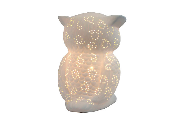 Fun, animal shaped porcelain table lamp can be used as a table lamp or a night light giving off soft light. Perfect for living room, bedroom, office, kids room, or college dorm Easy and inexpensive way to add this trend to your existing decor.White porcelain | Cute animal shape | Uses 1 x 25w type b  candelabra base bulb (not included) | Perfect for living room, bedroom, office, kids room, or college dorm