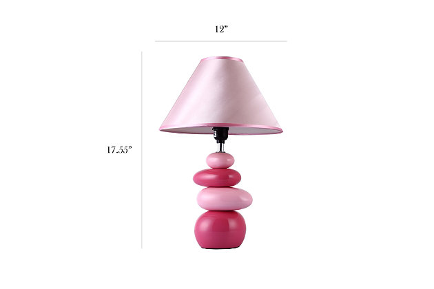 Table lamp features a stacked ceramic base in shades of light and dark pink and a matching fabric shade. A charming, inexpensive, and practical table lamp to meet your basic fashion lighting needs. Perfect for living room, bedroom, office, kids room, or college dorm.Shades of pink ceramic stone base | Light pink shade | Uses 1  x 40w type a medium base bulb (not included) | Perfect for living room, bedroom, office, kids room, or college dorm
