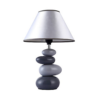 Table lamp features a stacked ceramic base in shades of light and dark gray and a matching fabric shade. A charming, inexpensive, and practical table lamp to meet your basic fashion lighting needs. Perfect for living room, bedroom, office, kids room, or college dorm.Shades of gray ceramic stone base | Gray shade | Uses 1  x 40w type a medium base bulb (not included) | Perfect for living room, bedroom, office, kids room, or college dorm