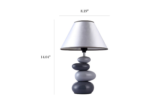 Table lamp features a stacked ceramic base in shades of light and dark gray and a matching fabric shade. A charming, inexpensive, and practical table lamp to meet your basic fashion lighting needs. Perfect for living room, bedroom, office, kids room, or college dorm.Shades of gray ceramic stone base | Gray shade | Uses 1  x 40w type a medium base bulb (not included) | Perfect for living room, bedroom, office, kids room, or college dorm