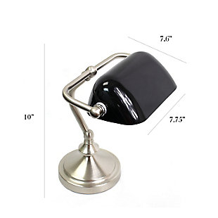 This traditional mini banker's lamp features a curved arm and gorgeous brushed nickel finish. A glass shade finishes the look. A charming, inexpensive, and practical desk lamp to meet your basic lighting needs. Perfect lamp to complement your office décor.Gorgeously finished base | Glass shade | Uses 1 x 40w type b  candelabra base bulb (not included) | Dimensions: l:7.60" x w:6.4" x h: 9.9"