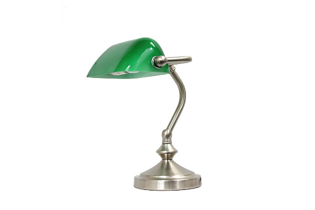 This traditional mini banker's lamp features a curved arm and gorgeous brushed nickel finish. A glass shade finishes the look. A charming, inexpensive, and practical desk lamp to meet your basic lighting needs. Perfect lamp to complement your office décor.Gorgeously finished base | Glass shade | Uses 1 x 40w type b  candelabra base bulb (not included) | Dimensions: l:7.60" x w:6.4" x h: 9.9"