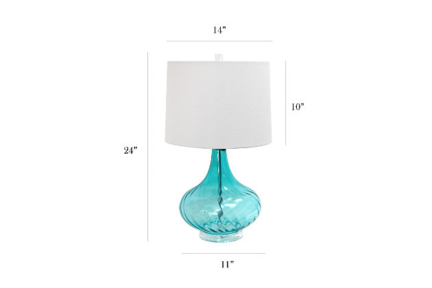 Illuminate your living space in style with this beautifully designed glass table lamp.  The light blue drapery-like glass and white fabric shade is the perfect blend to give your home a tasteful décor upgrade.Light blue glass base with draping detail | White fabric drum shade | 8" harp & finial shade security with rotary switch on socket | Uses 1 x 150W E26 3-way Medium base bulb (not included)