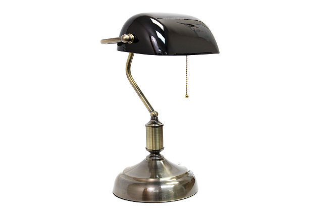Add a touch of class to your workspace or home with this simply designed banker's lamp.  Just the right design to boost your décor with a sophisticated and professional feel, this desk lamp will be the perfect item for your lighting needs.Antique nickel finish | Black glass rollover shade | Pull chain on/off switch | Uses 1 x 60W E26 Medium Base Bulb (not included)