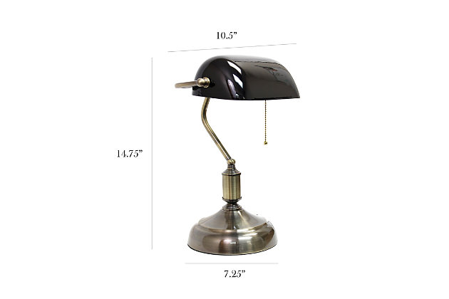 Add a touch of class to your workspace or home with this simply designed banker's lamp.  Just the right design to boost your décor with a sophisticated and professional feel, this desk lamp will be the perfect item for your lighting needs.Antique nickel finish | Black glass rollover shade | Pull chain on/off switch | Uses 1 x 60W E26 Medium Base Bulb (not included)
