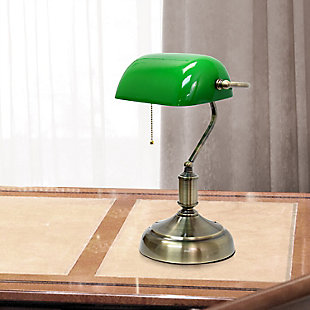 Add a touch of class to your workspace or home with this simply designed banker's lamp.  Just the right design to boost your décor with a sophisticated and professional feel, this desk lamp will be the perfect item for your lighting needs.Antique nickel finish | Green  glass rollover shade | Pull chain on/off switch | Uses 1 x 60W E26 Medium Base Bulb (not included)