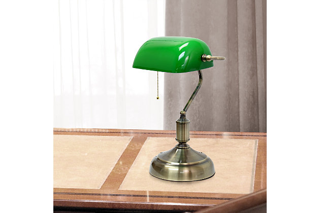 Add a touch of class to your workspace or home with this simply designed banker's lamp.  Just the right design to boost your décor with a sophisticated and professional feel, this desk lamp will be the perfect item for your lighting needs.Antique nickel finish | Green  glass rollover shade | Pull chain on/off switch | Uses 1 x 60W E26 Medium Base Bulb (not included)