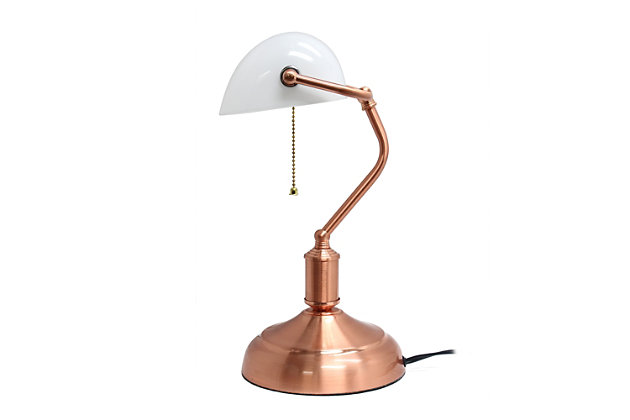 This simply designed banker's lamp will add a touch of class to your workspace or home.  Just the right touch of copper for a Rose Gold finish, with a white glass shade, will boost your décor with a sophisticated and professional feel.  This desk lamp will be the perfect item for your lighting needs.Rose gold (copper) finish | White glass rollover shade | Pull chain on/off switch | Uses 1 x 60W E26 Medium Base Bulb (not included)