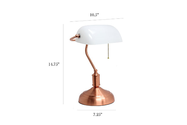 This simply designed banker's lamp will add a touch of class to your workspace or home. Just the right touch of copper for a Rose Gold finish, with a white glass shade, will boost your décor with a sophisticated and professional feel. This desk lamp will be the perfect item for your lighting needs.Rose gold (copper) finish | White glass rollover shade | Pull chain on/off switch | Uses 1 x 60W E26 Base Bulb (not included)